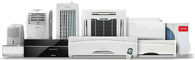 Linha de equipamentos de ar-condicionado Komeco lado a lado: portátil, janela, cassete, split hi-wall, piso-teto, condensadora e controle remoto